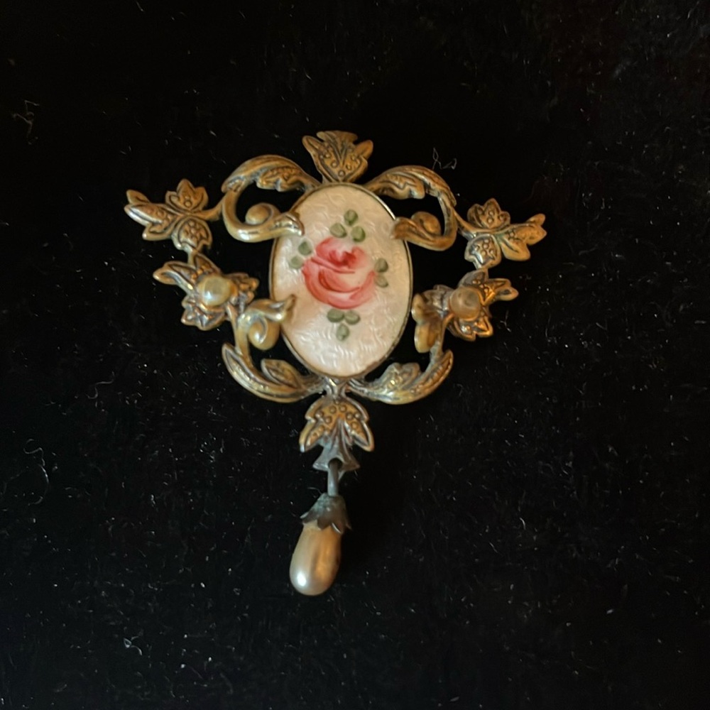 Unsigned Coro Brooch Guilloche Rose Hand Painted Cut Metal Floral Wedding